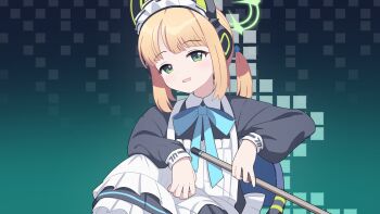1girl animal_ear_headphones animal_ears apron aqua_background back_bow black_dress black_shirt blonde_hair blue_archive blue_bow blue_ribbon blunt_bangs blush bocchi_the_rock! bow bowtie broom cat_ear_headphones cat_ears chair collared_shirt commentary_request dark_background dress fake_animal_ears gradient_background green_eyes green_halo hair_bow halo headphones highres korean_commentary maid maid_apron maid_headdress midori_(blue_archive) midori_(maid)_(blue_archive) official_alternate_costume on_chair open_mouth ponytail poorunii ribbon scene_reference shirt short_hair sidelocks smug solo square two-tone_background white_apron