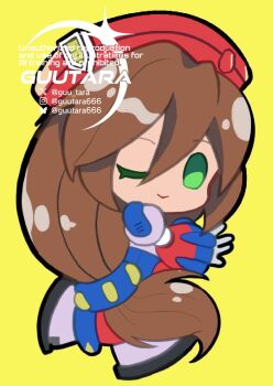 ;) android artist_name brown_hair closed_mouth full_body green_eyes guutara hair_between_eyes hat highres iris_(mega_man) long_hair looking_at_viewer low-tied_long_hair mega_man_(series) mega_man_x_(series) one_eye_closed red_hat smile standing standing_on_one_leg twitter_username very_long_hair yellow_background