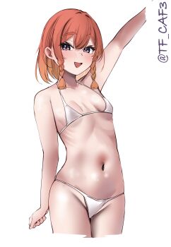 1girl absurdres alternate_costume arm_up bikini blush braid braided_sidelocks breasts collarbone commentary_request cowboy_shot cropped_legs double-parted_bangs etorofu_(kancolle) gradient_hair hair_between_eyes highres kantai_collection looking_at_viewer medium_hair micro_bikini multicolored_hair navel one-hour_drawing_challenge open_mouth orange_hair purple_eyes red_hair simple_background small_breasts solo standing stomach string_bikini swimsuit tf_cafe thick_eyebrows thighs triangle_mouth twitter_username white_background white_bikini