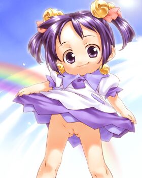 1girl :3 bell blush censored chibi closed_mouth clothes_lift cloud dress dress_lift gluteal_fold hair_bell hair_ornament hair_ribbon heart highres jingle_bell loli looking_at_viewer marine_(tako_no_marine) myuracchi_(ayashii_hon'ya) necktie no_panties pink_ribbon puffy_sleeves purple_eyes purple_hair purple_necktie pussy rainbow ribbon short_hair short_sleeves sky smile solo standing tako_no_marine twintails white_dress