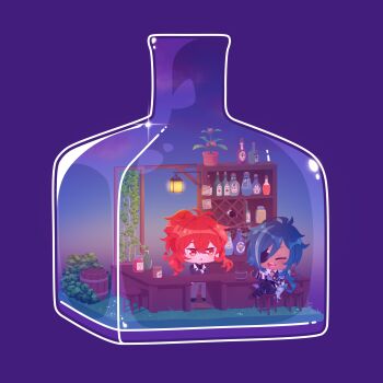 2boys bar_(place) bar_stool barrel black_jacket blue_hair bottle bush chibi chibi_only closed_eyes commentary_request crossed_arms diluc_(genshin_impact) eyepatch fang fingerless_gloves flower full_body genshin_impact gloves highres in_bottle in_container jacket kaeya_(genshin_impact) kinokorin lamp looking_at_another male_focus multiple_boys ponytail purple_background red_hair simple_background stool