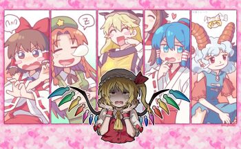 ... 6+girls :d anger_vein artist_name ascot black_hat blonde_hair blue_ascot blue_dress blue_eyes blue_hair blue_ribbon blush bow braid brown_hair buttons collar collarbone collared_shirt column_lineup commentary_request crystal_wings cuffs detached_sleeves disgust dress earrings embarrassed fangs finger_to_mouth flandre_scarlet flying_sweatdrops frilled_hair_tubes frilled_wrist_cuffs frills gensokyo's_first_hakurei_miko gloves goat_horns green_eyes green_hat green_vest hair_ornament hair_ribbon hair_tubes hakurei_reimu hands_up hat hat_ornament heart heart_background holding hong_meiling horn_ornament horn_ribbon horns jewelry long_hair matara_okina medium_hair miyadeguchi_mizuchi miyadeguchi_mizuchi_(human) mob_cap multicolored_wings multiple_girls nontraditional_miko nose_blush nose_bubble open_mouth orange_eyes orange_tabard pink_background ponytail puffy_short_sleeves puffy_sleeves re_ghotion rectangular_mouth red_bow red_eyes red_hair red_ribbon red_shirt red_vest ribbon ribbon-trimmed_collar ribbon_trim shirt short_sleeves sideways_glance skull_hair_ornament sleeping smile spoken_ellipsis spoken_flying_sweatdrops spoken_zzz squatting star_(symbol) star_hat_ornament sweatdrop tabard touhou toutetsu_yuuma translation_request twin_braids twitter_username unfinished_dream_of_all_living_ghost vest white_collar white_gloves white_hat white_shirt wings wrist_cuffs yakumo_ran yellow_ascot zzz