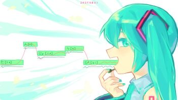 1girl 97979797_go anniversary aqua_eyes aqua_hair aqua_necktie collared_shirt commentary dated detached_sleeves forced_perspective from_side grey_shirt hashtag-only_commentary hatsune_miku highres long_hair looking_at_viewer microphone music necktie number_tattoo portrait profile shirt singing sleeveless sleeveless_shirt solo tattoo translated twintails vocaloid vocaloid_editor