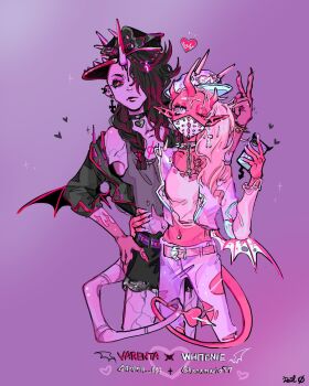 1boy 1girl amatou_akuma artist_name bat_wings belt black_hair black_hat black_jacket black_nails black_sclera black_shorts black_veins bracelet braid breasts chain character_name choker collar collarbone colored_extremities colored_sclera colored_skin cowboy_shot crop_top cropped_legs cross demon demon_boy demon_girl demon_horns demon_tail demon_wings ear_piercing earrings english_text fingernails hair_over_one_eye hair_over_shoulder hand_on_own_hip hat heart heart_tail heart_tail_duo highres holding holding_phone horns jacket jewelry long_hair looking_at_another low_wings mask midriff multicolored_hair nail_polish navel navel_piercing newsboy_cap off-shoulder_jacket off_shoulder one_eye_closed one_eye_covered open_clothes original pants phone photoshop_(medium) piercing pink_belt pink_eyes pink_hair pink_hat pink_jacket pink_sclera pink_skin pointy_ears purple_background purple_belt purple_skin purple_theme red_trim ring scar sharp_fingernails shirt shorts signature simple_background single_horn skirt skull sleeveless small_breasts sparkle spiked_bracelet spiked_mask spikes star_(symbol) streaked_hair symbol-shaped_pupils tail tail_ornament tank_top tattoo torn_clothes torn_pants torn_shirt twin_braids twintails twitter_username two-tone_hair v varenta_(amatou_akuma) veins white_trim whitenie_(amatou_akuma) wings