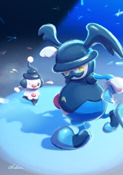 ;o absurdres bright_pupils cane commentary_request evolutionary_line facial_hair full_body gen_4_pokemon gen_8_pokemon highres holding holding_cane mime_jr. mr._rime mustache nintendo ohdon one_eye_closed open_mouth pokemon pokemon_(creature) pokemon_focus signature snowing white_pupils yellow_eyes