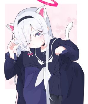 1girl absurdres animal_ears blue_archive blush border braid cat_ears cat_tail choker coat commentary_request grey_shirt hair_over_one_eye hairband halo highres jitome leaning_forward long_hair long_sleeves looking_at_viewer nanananau777 open_clothes open_coat outside_border pantyhose paw_pose pink_background plana_(blue_archive) pleated_skirt school_uniform serafuku shirt side_braid skirt solo sweat tail very_long_hair white_border white_hair