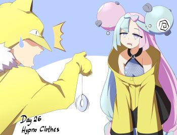 1boy 1girl ^^^ absurdres bow-shaped_hair character_hair_ornament commentary cosplay english_commentary etlabsotwe gen_1_pokemon green_hair grey_shirt hair_ornament highres holding holding_string hypno hypno_(cosplay) hypnosis iono_(pokemon) jacket long_hair long_sleeves mind_control multicolored_hair nintendo open_mouth pendulum pink_hair pokemon pokemon_sv shirt sleeveless sleeveless_shirt string sweatdrop teeth two-tone_hair upper_teeth_only yellow_jacket