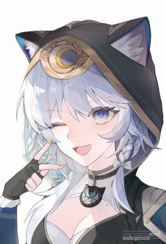 1girl absurdres animal_ear_fluff animal_ears black_gloves blue_eyes breasts cat_ears cat_girl cipher_(honkai:_star_rail) cleavage fingerless_gloves gloves grey_hair highres honkai:_star_rail honkai_(series) hood hood_up long_sleeves looking_at_viewer medium_breasts mole mole_on_breast open_mouth simple_background smile solo undergroundsmel white_background yellow_nails
