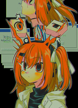 1girl a.i._voice absurdres adachi_rei android black_background black_shirt cable closed_mouth cursor drawstring hair_ornament hair_ribbon hairclip headlamp headphones highres jacket medium_hair menma_(enaic31) microsoft_windows multiple_views one_side_up open_clothes open_jacket orange_eyes orange_hair redrawn ribbon severed_head shirt signature turtleneck utau white_jacket white_ribbon window_(computing) windows_95 windows_classic