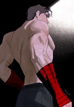 Rule 34 | 1boy, batman (series), black hair, blue eyes, dc comics, hair between eyes, hand wraps, highres, jason todd, large pectorals, male focus, multicolored hair, muscular, muscular male, pectorals, red hood and the outlaws, rwheel0333, short hair, simple background, solo, topless male, two-tone hair, white hair