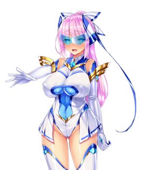 1girl bare_shoulders blue-tinted_eyewear blue_eyes blush breasts cameltoe chest_jewel clenched_hand covered_erect_nipples covered_navel cowboy_shot elbow_gloves element_venus game_cg gem gloves gluteal_fold hair_ribbon headgear high_ponytail highleg highleg_leotard impossible_clothes impossible_leotard kisaragi_nozomi large_breasts large_variant_set legs_apart leotard long_hair looking_at_viewer magical_girl non-web_source nose_blush official_art open_mouth outstretched_arm pink_hair pleated_skirt ponytail ribbon satou_kuuki shinsou_seiki_elementia shiny_clothes shiny_skin showgirl_skirt simple_background skin_tight skirt solo standing sweatdrop thighhighs tinted_eyewear transparent_background variant_set white_gloves white_leotard white_thighhighs