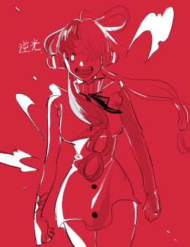 1girl absurdres angry bracelet clenched_hands commentary_request cowboy_shot dress elbow_gloves gloves hair_over_one_eye headphones highres jewelry looking_at_viewer neck_ribbon one_piece one_piece_film:_red open_mouth red_theme ribbon single_elbow_glove sleeveless sleeveless_dress smile solo twintails uta_(one_piece) yao_yasan