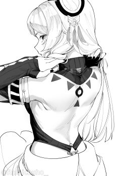 1girl absurdres armlet backless_outfit bare_back bare_shoulders citlali_(genshin_impact) commentary ecchan_(rulaicauho) english_commentary from_behind genshin_impact highres jewelry long_hair looking_at_viewer looking_back monochrome nail_polish ring_hair_ornament simple_background sitting solo very_long_hair white_background