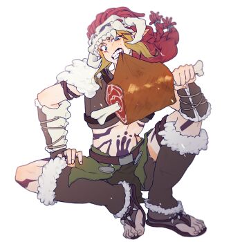 Rule 34 | 1boy, barbarian, barbarian set (zelda), blonde hair, blue eyes, body markings, commentary request, food, food in mouth, highres, holding, holding food, korean commentary, link, male focus, meat, nintendo, official alternate costume, pointy ears, red hair, seeckgo, sidelocks, sitting, skull on head, solo, stomach tattoo, tattoo, teeth, the legend of zelda, the legend of zelda: breath of the wild, the legend of zelda: tears of the kingdom