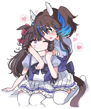 2girls animal_ears arms_around_neck blue_hair blush bow bowtie breasts brown_hair closed_mouth colored_inner_hair daiichi_ruby_(umamusume) daitaku_helios_(umamusume) drill_hair drill_sidelocks ear_covers ear_ornament facial_tattoo fang hair_between_eyes hair_bow hair_ornament hairclip heart highres horse_ears horse_girl horse_tail hug hug_from_behind kerimka31328031 long_hair multicolored_hair multiple_girls one_eye_closed open_mouth puffy_short_sleeves puffy_sleeves purple_bow purple_bowtie purple_eyes purple_shirt sailor_collar sailor_shirt school_uniform shirt short_sleeves side_ponytail sidelocks simple_background sitting skirt smile speech_bubble spoken_heart star_(symbol) star_hair_ornament streaked_hair tail tattoo thighhighs tracen_school_uniform twin_drills umamusume white_sailor_collar white_skirt white_thighhighs yellow_eyes yuri