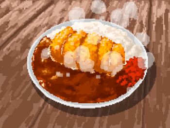 Rule 34 | chicken (food), curry, cutlet, food, food focus, fried chicken, fukujinzuke, highres, hisachan55cute, no humans, original, pixel art, rice, simple background, steaming food, still life, yakitori