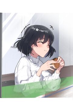 1girl :t black_hair blush bob_cut border casual chair chewing closed_eyes closed_mouth commentary cup disposable_coffee_cup disposable_cup dorayaki earrings eating elbow_rest food food_bite higasa_seiu highres holding holding_food indoors jewelry letterboxed long_sleeves monogatari_(series) notice_lines on_chair short_hair sitting solo stud_earrings sweater thomas_(aoakumasan) two-handed upper_body wagashi white_border white_sweater window