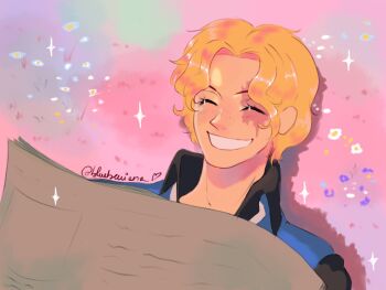 Rule 34 | 1boy, ^ ^, black shirt, blonde hair, blueberriena, closed eyes, collared shirt, commentary, freckles, highres, holding, holding newspaper, lying, male focus, newspaper, on back, one piece, sabo (one piece), scar, scar on face, shirt, short hair, smile, solo