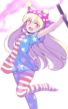 1girl :d american_flag american_flag_legwear american_flag_print american_flag_shirt arm_behind_back arm_up blonde_hair clownpiece collar commentary_request fire flag_print foot_out_of_frame frilled_collar frills hat holding holding_torch jester_cap leg_up light_blush long_hair open_mouth orange_eyes pom_pom_(clothes) print_shirt purple_fire purple_hat rangycrow shirt sideways_glance smile solo torch touhou