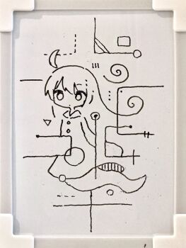 Rule 34 | 1girl, abstract, ahoge, closed mouth, colo (frypan soul), dot mouth, dress, full body, ghost tail, greyscale, long hair, looking at viewer, monochrome, original, solo, traditional media, white background, whiteboard (medium)