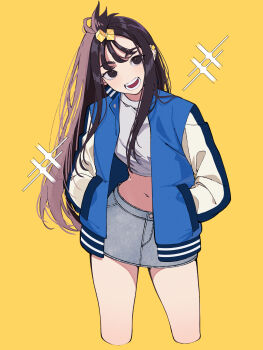 1girl :d absurdres alternate_costume black_eyes black_hair commentary_request cropped_legs cube_hair_ornament grey_skirt hair_ornament hands_in_pockets highres jacket kana_(kanna_runa0620) lida_(pokemon) long_hair looking_at_viewer navel nintendo open_clothes open_jacket open_mouth pokemon pokemon_legends:_z-a shirt skirt smile solo teeth topknot