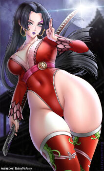 1girl baileymcpatty black_hair boa_hancock boa_hancock_(cosplay) breasts cosplay grey_eyes highres large_breasts long_hair marvel marvel_rivals moon moonlight one_piece psylocke psylocke_(marvel_rivals) rooftop sword thighhighs weapon