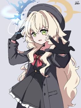 absurdres beret black_coat black_gloves black_hat black_pantyhose black_sailor_collar black_serafuku blue_archive bow bowtie coat energy fluffy_hair foreshortening gloves green_eyes halo hat highres kiroshi open_clothes open_coat outstretched_arm pantyhose professor_niyaniya_(blue_archive) psychic red_bow red_bowtie sailor_collar school_uniform serafuku side_ahoge yellow_halo