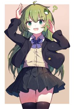 1girl :d ahoge alternate_costume ar_(maeus) arms_up black_jacket black_skirt black_thighhighs blazer blue_bow blue_bowtie bow bowtie brown_background brown_cardigan buttons cardigan collared_shirt commentary_request cowboy_shot frog_hair_ornament green_eyes green_hair hair_ornament highres jacket kochiya_sanae long_hair long_sleeves looking_at_viewer open_mouth pleated_skirt school_uniform shirt skirt smile solo thighhighs touhou v-shaped_eyebrows very_long_hair white_shirt