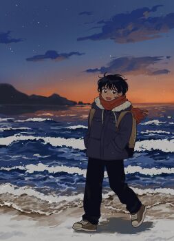 Rule 34 | 1girl, beach, black eyes, black hair, black pants, blue coat, bright pupils, brown shoes, cloud, coat, hands in pockets, highres, long sleeves, looking at viewer, ocean, open mouth, original, outdoors, pants, red scarf, scarf, shoes, short hair, sihyun25, sky, smile, sneakers, solo, star (sky), starry sky, sunset, water, white pupils