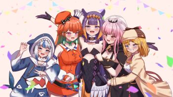 5girls absurdres animal_costume animal_hood black_cape black_dress blonde_hair blue_eyes blue_hair blue_hoodie brown_jacket cape dress fins fish_tail gawr_gura gawr_gura_(1st_costume) gloves gradient_hair green_hair highres hololive hololive_english holomyth hood hoodie jacket looking_at_viewer low_wings mori_calliope mori_calliope_(1st_costume) multicolored_hair multiple_girls necktie ninomae_ina&#039;nis ninomae_ina&#039;nis_(1st_costume) orange_hair orange_shirt pink_eyes pink_hair purple_eyes purple_gloves purple_hair red_eyes red_necktie shark_costume shark_girl shark_hood shark_tail sharkudon shirt sidelocks sleeveless sleeveless_shirt smile spiked_cape strapless strapless_dress streaked_hair tail takanashi_kiara takanashi_kiara_(1st_costume) tube_dress virtual_youtuber watson_amelia watson_amelia_(1st_costume) white_hair white_shirt wings