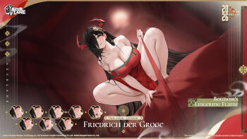 Rule 34 | 1girl, azur lane, bare shoulders, barefoot, black hair, breasts, cleavage, commentary, dress, earrings, english commentary, friedrich der grosse (azur lane), friedrich der grosse (boudoir's lingering flame) (azur lane), hair over one eye, heavy breathing, highres, holding, holding leash, horns, huge breasts, indoors, jewelry, leash, long hair, looking at viewer, mechanical horns, official alternate costume, official art, open mouth, parted lips, red horns, smile, squatting, thighs, very long hair, yellow eyes