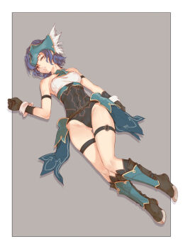 Rule 34 | armband, black boots, black gloves, blue hair, boots, border, branch (blackrabbits), closed eyes, covered erect nipples, gloves, green headwear, grey background, leotard, partially visible vulva, seiken densetsu, seiken densetsu 3, short hair, simple background, sleeping, strapless, strapless leotard, thigh strap, thighs, white border