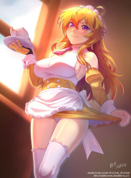 1girl alternate_costume apron artist_name blonde_hair breasts clothes_pull detached_sleeves dress enmaided frilled_hairband frills hairband highres holding holding_saucer large_breasts long_hair looking_at_viewer maid mechanical_arms miniskirt necktie prosthesis prosthetic_arm purple_eyes rwby saucer sideboob single_mechanical_arm skirt skirt_pull teapot thighhighs vilde_loh_hocen white_apron white_thighhighs yang_xiao_long yellow_dress