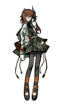 Rule 34 | 1girl, a.i. voice, adachi rei, belt, black shirt, cable, closed mouth, commentary request, expressionless, full body, gloves, hair between eyes, hair ornament, hair ribbon, headlamp, headset, highres, jacket, long sleeves, medium hair, mizunako, one side up, open clothes, open jacket, orange eyes, orange hair, pleated skirt, radio antenna, ribbon, shirt, simple background, skirt, solo, standing, utau, white background, white gloves, white jacket