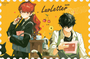 1boy 1girl amamiya_ren black_hair black_shirt blush cat cat_tail closed_mouth coffee coffee_mug coffee_pot cup flower green_eyes hair_flower hair_ornament heart highres jacket letter light_blush long_hair long_sleeves looking_to_the_side love_letter mug ooc_(sylyaoh) overalls persona persona_5 persona_5_the_royal playing_with_own_hair ponytail red_eyes red_hair ribbon ribbon_baton school_uniform shirt short_hair shuujin_academy_school_uniform steam tail twirling_hair watch wristwatch yellow_background yoshizawa_kasumi
