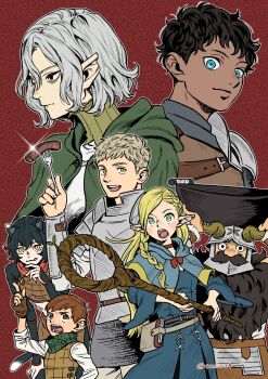 2girls 5boys ambrosia_(dungeon_meshi) animal_ears armor bags_under_eyes beard black_eyes black_fur black_hair blonde_hair blue_capelet blue_eyes blue_robe blush braid brown_hair can_o29 capelet cat_ears cat_girl chilchuck_tims choker cloak dark-skinned_male dark_skin dress dungeon_meshi dwarf elf facial_hair fake_horns gloves gorget green_cloak green_eyes green_scarf grey_hair halfling helmet highres holding hood hooded_cloak horned_helmet horns izutsumi kabru laios_touden large_ears leather_armor long_beard long_hair long_sleeves looking_at_viewer marcille_donato mithrun multiple_boys multiple_girls mustache neck_warmer notched_ear open_mouth pauldrons plate_armor pointy_ears red_scarf robe scarf senshi_(dungeon_meshi) shirt short_hair shoulder_armor simple_background single_pauldron smile staff thick_mustache wok yellow_eyes