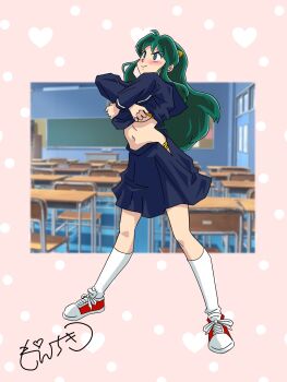 1girl animal_print bikini bikini_under_clothes blue_serafuku blue_shirt blue_skirt chair chalkboard classroom clothes_lift commentary cone_horns desk full_body green_hair heart highres horns kneehighs long_hair lum midriff moechiki navel partially_undressed pointy_ears print_bikini school_uniform serafuku shirt shirt_lift shoes sidelocks skirt sneakers socks solo standing swimsuit tiger_print undressing urusei_yatsura v-shaped_eyebrows white_socks