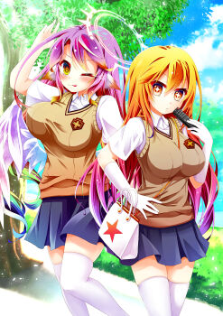 2girls ;q absurdres angel_wings animal_ears bag black_skirt blonde_hair blue_sky breasts brown_sweater_vest chain chain_between_breasts collared_shirt commentary_request controller crossover elbow_gloves feathered_wings gloves gradient_hair halo handbag highres holding holding_remote_control jibril_(no_game_no_life) large_breasts long_hair looking_at_viewer low_wings mii_aki miniskirt multicolored_hair multiple_girls no_game_no_life one_eye_closed outdoors pink_hair pleated_skirt remote_control school_emblem school_uniform shirt shokuhou_misaki short_sleeves skirt sky sparkling_eyes spiked_halo summer_uniform sweater_vest thighhighs toaru_kagaku_no_railgun toaru_majutsu_no_index tokiwadai_school_uniform tongue tongue_out tree v-neck very_long_hair white_gloves white_shirt white_thighhighs white_wings wings yellow_eyes
