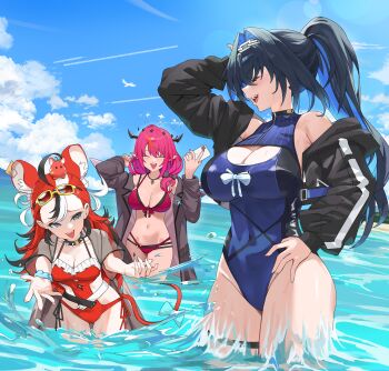 3girls :d absurdres animal_ears arm_up asymmetrical_wings bikini black_coat black_hair black_jacket blue_eyes blue_hair blue_one-piece_swimsuit blue_sky bow breasts cellphone chain chain_headband cleavage cleavage_cutout closed_eyes clothing_cutout cloud coat collar covered_navel cropped_jacket crystal_wings day detached_wings dice_hair_ornament double-parted_bangs double_bikini double_halo eyewear_on_head frilled_one-piece_swimsuit frills front-tie_bikini_top front-tie_top hair_between_eyes hair_bow hair_intakes hair_ornament hakos_baelz hakos_baelz_(holonatsu_paradise) halo hand_on_own_hip highleg highleg_one-piece_swimsuit highres holding holding_phone hololive hololive_english holopromise horns irys_(hololive) irys_(holonatsu_paradise)_(hololive) jacket jewelry large_breasts layered_bikini lens_flare long_hair long_sleeves looking_at_another low_ponytail medium_breasts mismatched_wings mouse_ears mouse_girl mouse_on_head mouse_tail mousetrap mr._squeaks_(hakos_baelz) multicolored_hair multiple_girls navel necklace official_alternate_costume official_alternate_hairstyle one-piece_swimsuit open_mouth ouro_kronii ouro_kronii_(holonatsu_paradise) outside_border phone pointy_ears ponytail purple_bikini purple_hair red_hair red_one-piece_swimsuit sharp_teeth short_sleeves side-tie_one-piece_swimsuit sky smartphone smile spiked_collar spikes splashing star_halo stomach streaked_hair sunglasses swimsuit swimsuit_cover-up tail tail_bow tail_ornament teeth textless_version upper_teeth_only virtual_youtuber wading white_hair wings yulmu98999
