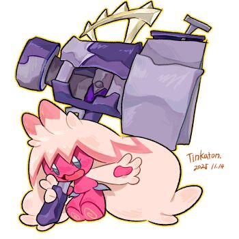 Rule 34 | 1girl, arm up, character name, colored skin, dated, female focus, flat chest, foreigner (pixiv 119387446), full body, grey eyes, hammer, happy, holding, holding hammer, holding weapon, huge weapon, looking at viewer, multicolored hair, multicolored skin, nintendo, open mouth, outline, outstretched arm, pink hair, pink skin, pokemon, pokemon (creature), sidelocks, simple background, smile, solo, streaked hair, tinkaton, two-tone hair, two-tone skin, v, weapon, white background, white hair, white skin, yellow outline