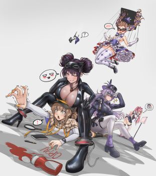 Rule 34 | 5girls, absurdres, ass, black bodysuit, black hair, blue eyes, bodysuit, breasts, brown hair, capelet, collared bodysuit, doro (nikke), double bun, dress, eye mask, falling, fingernails, gloves, goddess of victory: nikke, green eyes, grey hair, hair bun, hair ribbon, hat, heterochromia, highres, huge breasts, ketchup, ketchup bottle, large breasts, latex, latex bodysuit, latex gloves, long fingernails, long hair, long sleeves, magnifying glass, mask, mask on head, medium breasts, mini hat, mini top hat, miranda (nikke), miranda (thief of justice) (nikke), multicolored hair, multiple girls, nipple slip, nipples, notebook, novel (nikke), open bodysuit, open clothes, pantyhose, peaceterzero, pen, phantom (nikke), pink hair, plaid capelet, plaid clothes, police, police uniform, policewoman, purple dress, quency (escape queen) (nikke), quency (nikke), quiry (nikke), red eyes, ribbon, security camera, sharp fingernails, shirt, short hair, short sleeves, sidelocks, speech bubble, sunken cheeks, thighhighs, top hat, twintails, two-tone hair, white gloves, white pantyhose, white shirt, yellow eyes