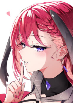 1girl black_dress black_wings blush braid braided_bangs breasts capelet cleavage criss-cross_straps dress ear_chain finger_to_mouth gem grey_capelet hair_between_eyes head_wings heart index_finger_raised jewelry kiiro_(cocoa080) konkon_aria large_breasts linked_piercing lips long_hair low-tied_sidelocks neo-porte piercing purple_eyes purple_gemstone red_hair sidelocks smile solo virtual_youtuber white_background wings