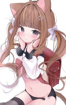 Rule 34 | 1girl, ahoge, animal ears, backpack, bag, black thighhighs, blush, bow, bowtie, brown hair, cat ears, closed mouth, crop top, hair bow, hair ornament, hands on own face, highres, long sleeves, midriff, multicolored hair, navel, nocchi (r ws2l), original, pink bow, pink bowtie, pink eyes, purple bow, randoseru, red bag, school uniform, shirt, sitting, solo, star (symbol), star hair ornament, streaked hair, tail, thighhighs, twintails, unfastened, wavy mouth, white shirt