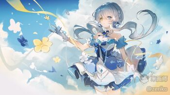 Rule 34 | 1girl, artist name, bare shoulders, blue dress, blue eyes, blue flower, blue sky, blue sleeves, cloud, cowboy shot, day, detached sleeves, double-parted bangs, dress, flower, gloves, grey hair, hair between eyes, hand up, heterochromia, highres, long hair, mihuashi username, original, outdoors, parted lips, short sleeves, sky, solo, strapless, strapless dress, watermark, white gloves, yellow eyes, yellow flower, zeriko
