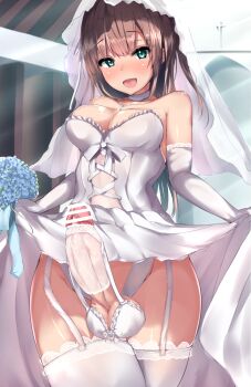 1futa :d absurdres akiamare ball_bra bar_censor bare_shoulders blue_eyes blue_flower blush bouquet breasts bridal_veil bride brown_hair censored choker church cleavage clothes_lift cowboy_shot cross cross-laced_clothes cross_necklace dress dress_lift elbow_gloves erection flower frilled_dress frills futanari garter_straps gloves hair_ribbon highres jewelry lace lace-trimmed_gloves lace-trimmed_legwear lace_trim large_penis lifting_own_clothes long_hair medium_breasts necklace nose_blush open_mouth original penis precum ribbon rose smile solo strapless strapless_dress thighhighs tongue two_side_up veil wedding_dress white_choker white_dress white_flower white_gloves white_ribbon white_rose white_thighhighs