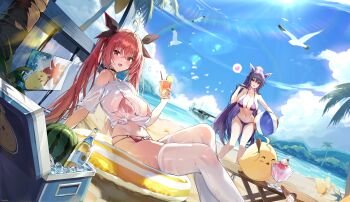 2girls absurdres ahoge alcohol alternate_breast_size_(larger) azur_lane ball bare_shoulders beach beachball beer bikini bird breasts cleavage cloud collarbone commentary_request cooler crossed_bangs cup date_a_live day drinking_glass food fruit hair_between_eyes heart high_ponytail highres holding holding_ball holding_beachball holding_cup ice ice_cream ice_cube innertube itsuka_kotori itsuka_kotori_(waterside_goddess) large_breasts long_hair manjuu_(azur_lane) midriff multiple_girls navel ocean outdoors palm_tree ponytail purple_bikini purple_eyes purple_hair red_bikini red_eyes red_hair sand seagull see-through_clothes see-through_shirt shirt short_sleeves sideboob sijinni sitting sky speech_bubble spoken_heart swim_ring swimsuit thighs tied_shirt tree twintails very_long_hair water watermelon white_shirt yatogami_tohka yatogami_tohka_(break_time)