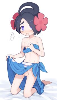 1boy absurdres ahoge allister_(pokemon) alternate_costume bandeau bare_arms barefoot bed_sheet black_hair blue_bandeau blue_sarong blush bright_pupils clothes_lift collarbone commentary_request cosplay crossdressing crossdressing_(mtf) duplicate erection floral_print hair_ornament highres himawari_(hishu) kneeling lifting_own_clothes looking_at_viewer male_focus mole mole_under_mouth navel nintendo nipples open_mouth penis phoebe_(pokemon) phoebe_(pokemon)_(cosplay) pokemon pokemon_rse pokemon_swsh purple_eyes raised_eyebrows revision sarong sarong_lift short_hair shota simple_background solo speech_bubble sweat testicles translated wet wet_clothes white_pupils