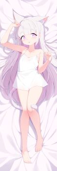 1girl absurdres animal_ear_fluff animal_ears arm_up bare_arms bare_shoulders barefoot bed_sheet blunt_bangs camisole cat_ears cat_tail colored_inner_hair commentary_request commission dakimakura_(medium) flat_chest full_body hand_up highres incredibly_absurdres large_variant_set long_hair looking_at_viewer lying multicolored_hair on_back on_bed original painter-lhb parted_lips pink_eyes pink_hair psd_available sleepwear solo tail tail_around_own_leg tail_wrap tareme two-tone_hair variant_set very_long_hair white_camisole white_hair