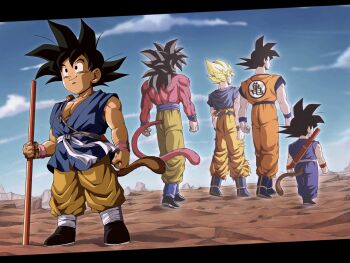 6+boys age_progression black_hair child clenched_hands closed_mouth dougi dragon_ball dragon_ball_(classic) dragon_ball_gt dragonball_z evolution highres male_focus monkey_boy monkey_tail multiple_boys multiple_persona muscular muscular_male open_mouth progression red_fur serious smile son_goku spiked_hair super_saiyan super_saiyan_1 super_saiyan_4 tail teeth wai_(y48754085)