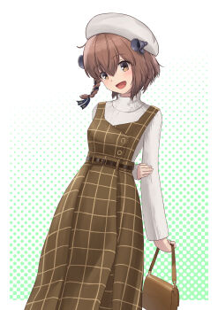 1girl alternate_costume asymmetrical_hair bag ben-day_dots beret braid brown_dress brown_eyes brown_hair dress feet_out_of_frame grid_print hat headgear highres kantai_collection long_sleeves screentones shirt short_hair side_braid single_braid smile solo white_hat white_shirt yuki_4040 yukikaze_(kancolle)